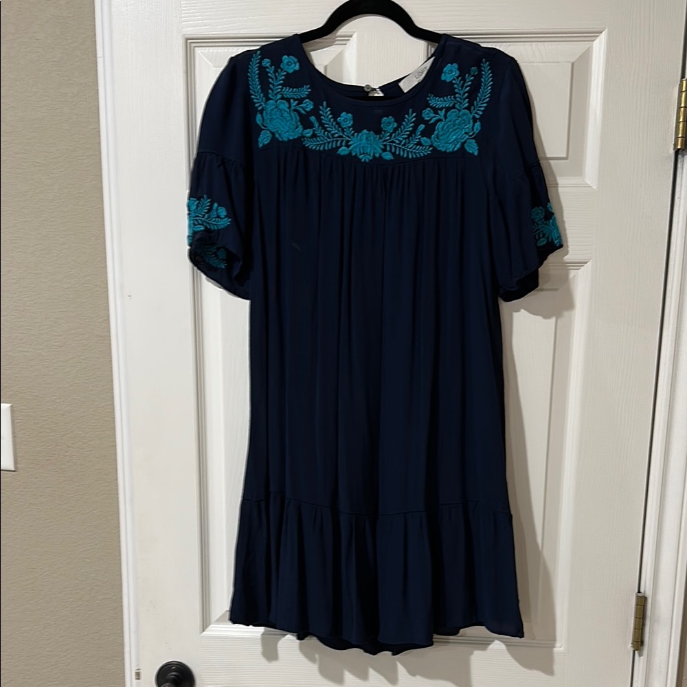 Navy Dress with Teal Embroidery